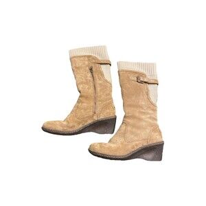 UGG Skyfall Knit Wedge Size 9 Sweater Boots Tan Suede Leather